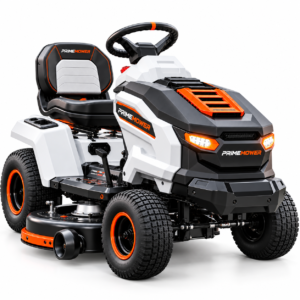PrimeMower 42-Inch Electric Riding Lawn Tractor | Battery-Powered Garden & Lawn Mower | White/Black